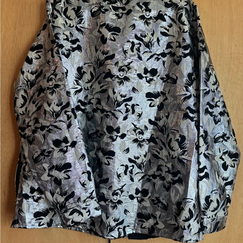 ASOS Edition Silver Metallic Shiny Black Floral Zip Shirt Jacket 2XL XXL 3XL - Picture 9 of 13